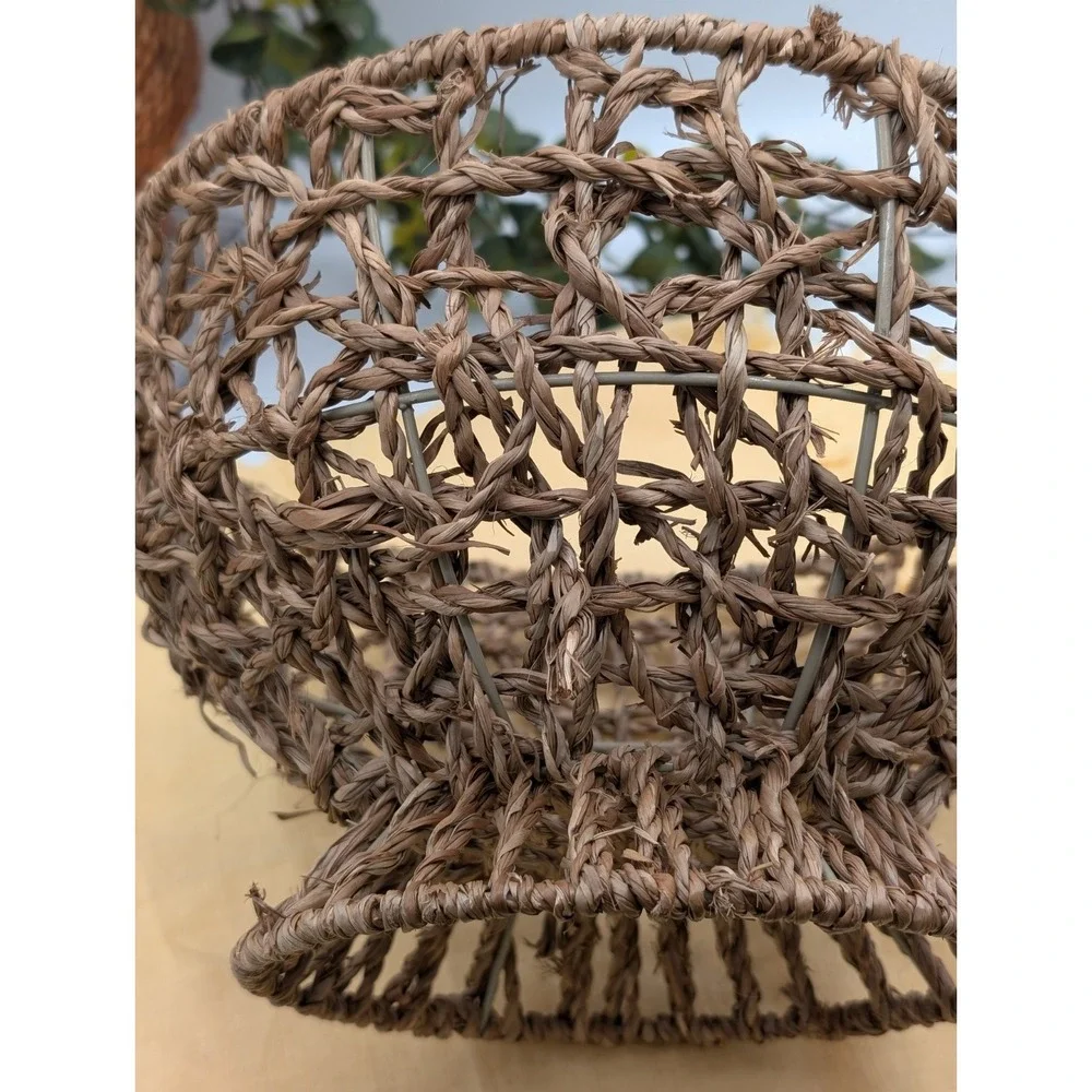 Wicker Pedestal Fruit Basket Bowl with Wire Frame, Boho Farmhouse Centerpiece...